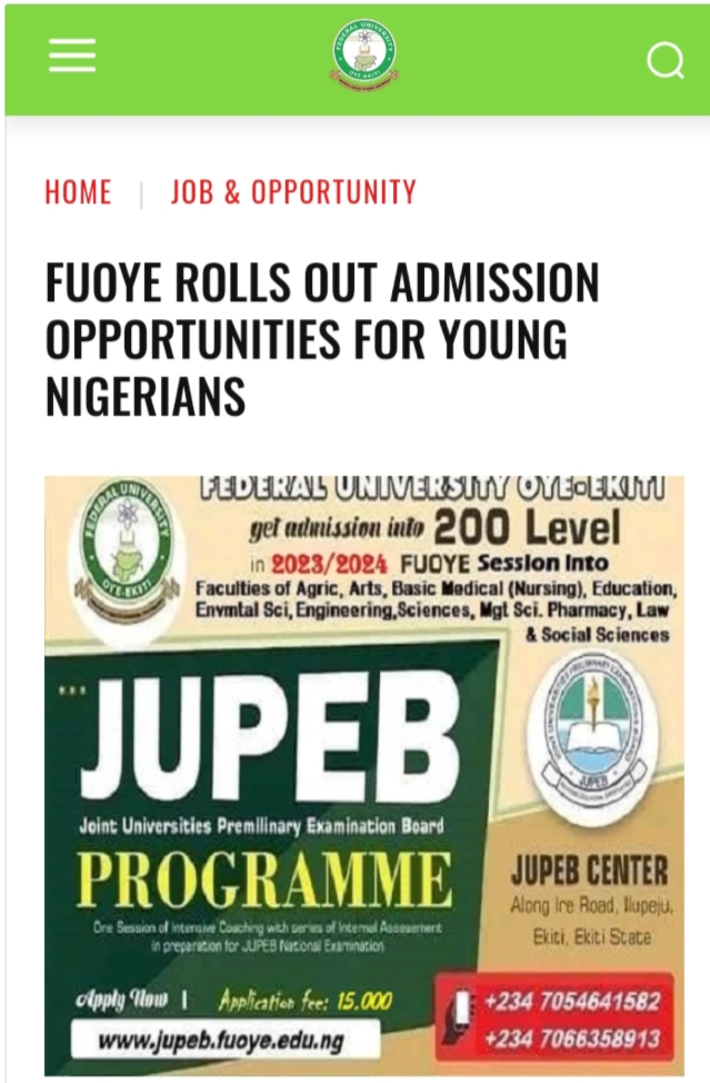 Hope Rises As FUOYE Sets Another Standard, Rolls Out Admission Opportunities